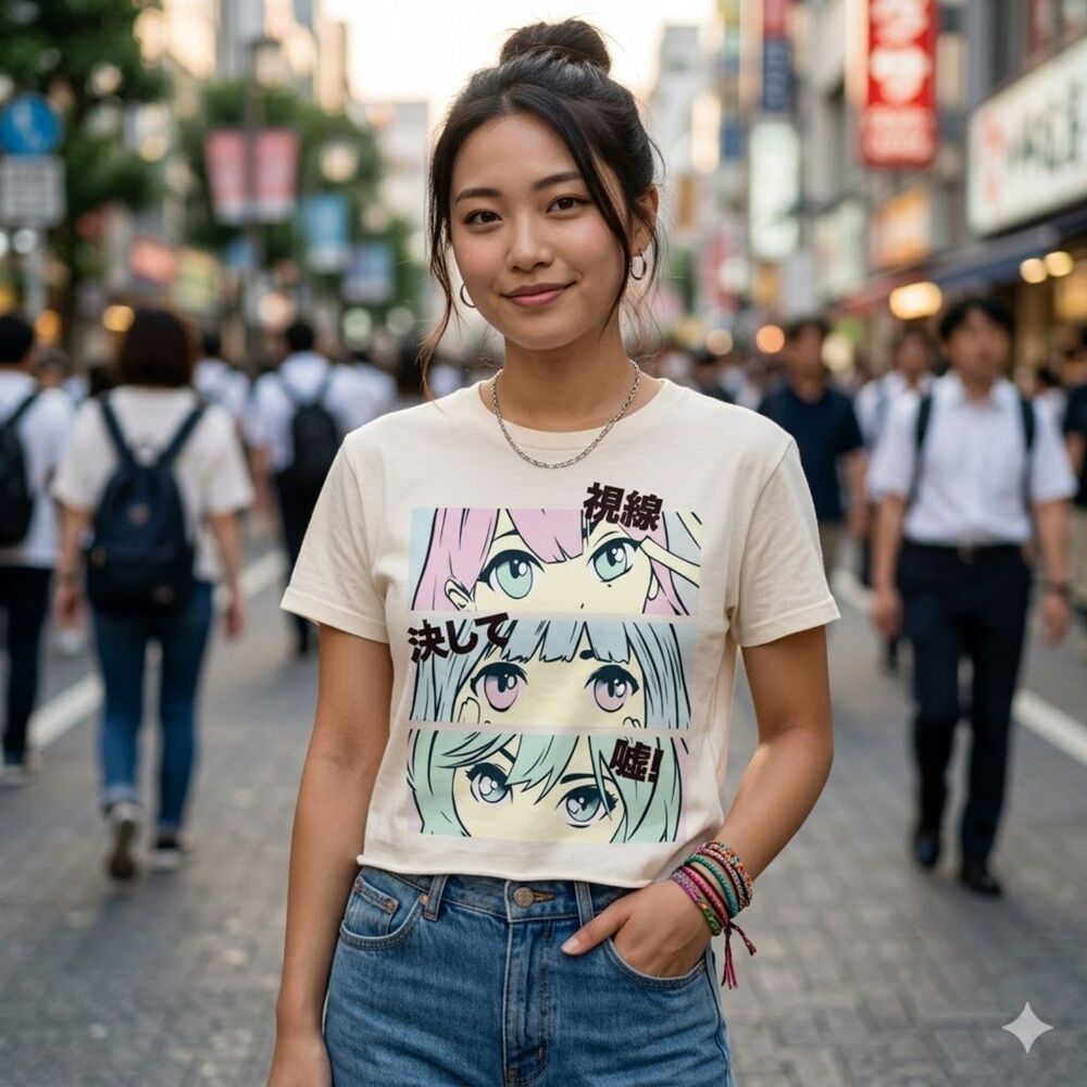 Love Tribe Anime Eyes Graphic T-Shirt Medium Cream Japanese Kanji Manga Y2K Tee